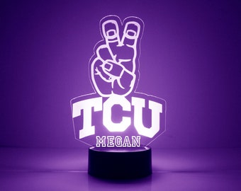 Luminária personalizada para fãs de esportes, com o tema TCU Horned Frogs, futebol americano universitário, gravada, presente oficial para torcedores da TCU. Produto universitário licenciado.