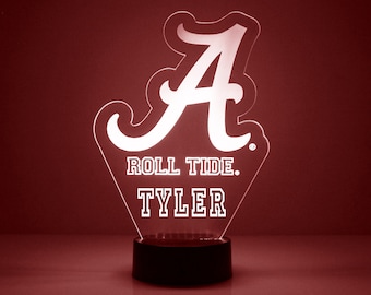 Lámpara personalizada para aficionados al deporte de Alabama Crimson Tide, fútbol americano universitario, grabada, regalo para aficionados de Alabama, producto universitario con licencia oficial.