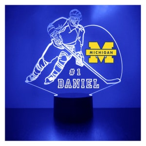 Michigan Wolverines, Personalized Sports Fan Lamp, College Hockey , Free Engraving, Fan Gift, 16 Color Remote Control, CLC Licensed