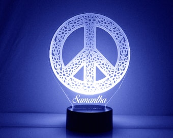 Peace Sign Night Light, Personalized Free, LED Night Lamp, With Remote Control, Engraved Gift, 16 Color Change