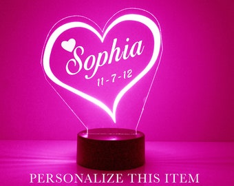 Heart Shape Night Light, Personalized Free, LED Night Lamp, With Remote Control, Engraved Gift, 16 Color Change,