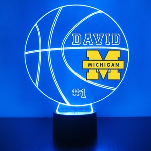 Michigan Wolverines, Personalized Sports Fan Lamp, College Basketball, Free Engraving, Fan Gift, 16 Color Remote Control, CLC Licensed