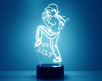 Softball Pitcher Night Light, Personalized Free, LED Night Lamp, With Remote Control, Engraved Gift, 16 Color Change,