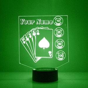 Op de afbeelding: Een groen acryl LED-nachtlampje met een witte omtrek van een royal flush speelkaarten en pokerchips. De tekst "Your Name" staat bovenaan het ontwerp.