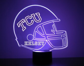 Luminária personalizada para fãs de esportes, com o tema TCU Horned Frogs, futebol americano universitário, gravada, presente oficial para torcedores da TCU. Produto universitário licenciado.