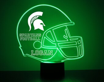 Lámpara personalizada para aficionados al deporte de los Michigan State Spartans, fútbol americano universitario, grabada, regalo para aficionados, producto universitario con licencia oficial.