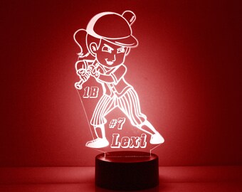 Girls Softball Night Light, Personalized Free, LED Night Lamp, With Remote Control, Engraved Gift, 16 Color Change