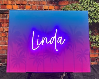 Custom Tropical Neon Acrylic Sign In Board | Personalized Bat Mitzvah Guest Book | Palm Beach Theme Welcome Sign | LED Event Decor