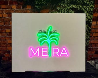 Custom Tropical Neon Acrylic Sign In Board | Personalized Bat Mitzvah Guest Book | Palm Beach Theme Welcome Sign | LED Event Decor