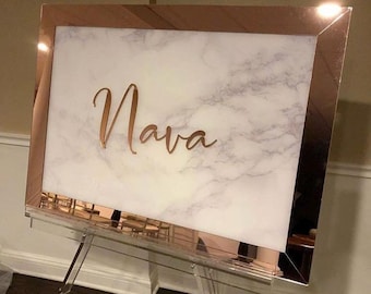Mirrored Bat Mitzvah Sign in Board - Handmade Acrylic Guest Book - Personalized Custom Keepsake 3D Logo - Marble Rose Gold Theme