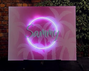 Custom Tropical Neon Acrylic Sign In Board | Personalized Bat Mitzvah Guest Book | Palm Beach Theme Welcome Sign | LED Event Decor