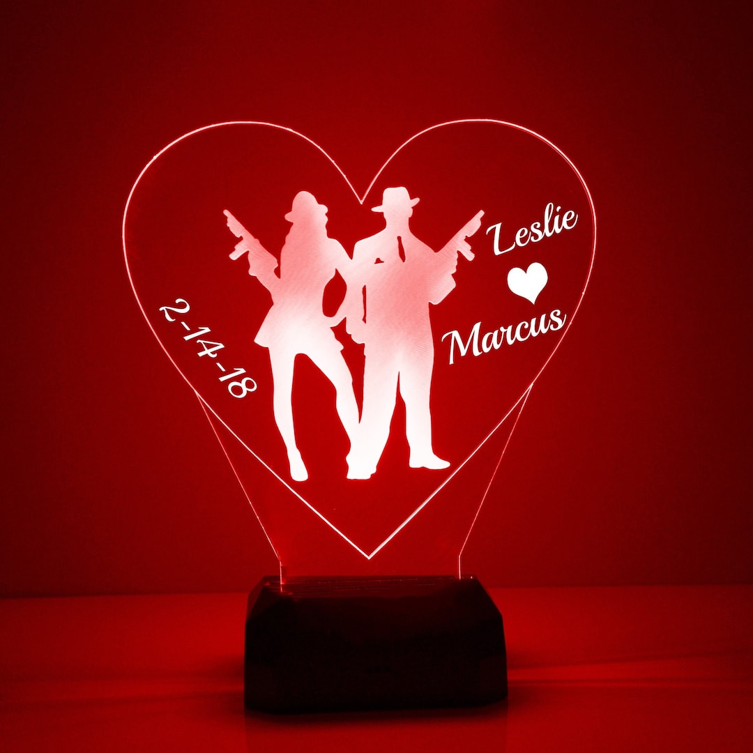 Bonnie & Clyde Love Heart, Personalized Free, LED Night Lamp, With