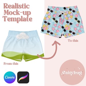 May include: A mock-up template showing swim trunks. One pair is light blue with a green and white design, and the other is patterned with sunglasses, beach balls, and floats. The text reads "Realistic Mock-up Template" and "From this" and "To this".