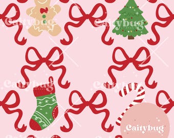 Coquette Christmas Icons pink Seamless Pattern 300 DPI PNG Instant Download Digital Papers Vinyl Fabric Surface Design Retro seamless file