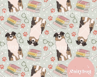 Bookish Aussie Dog Seamless Pattern 300 DPI PNG Instant Download Digital Papers Vinyl Fabric Surface Design Dog Pet seamless Pattern File