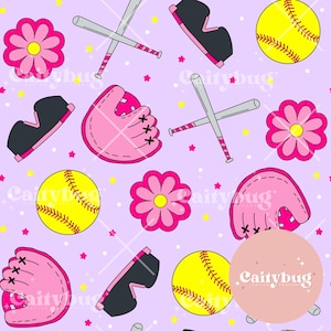May include: A seamless pattern featuring pink, yellow and black softball equipment on a light purple background. The pattern includes baseball bats, softballs, catcher's mitts and flowers.