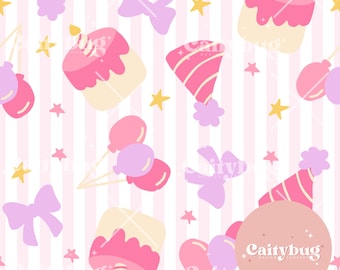 Birthday Girl Seamless Repeating Pattern - Fabric Design For Sublimation - Hand Drawn Trendy Original Art