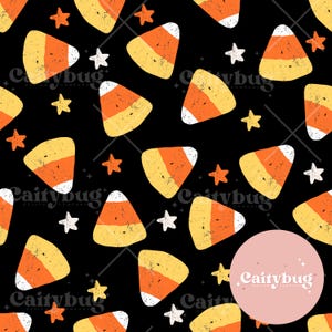 May include: A repeating pattern of candy corn and stars on a black background. The candy corn is yellow, orange, and white. The stars are orange and white. The design is a Halloween or fall theme.