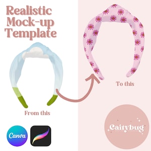 May include: A mock-up template showing a headband design transformation. The left side displays a plain headband, while the right side showcases a pink headband with a floral pattern. The text reads "Realistic Mock-up Template".