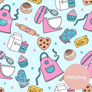 May include: A repeating pattern on a light blue background features pink aprons, mixers, and oven mitts. Other elements include rolling pins, cupcakes, cinnamon rolls, and heart-shaped cookies. Boxes of butter and flour, and containers of sugar are also present.