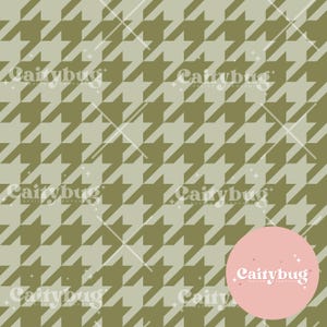May include: A seamless houndstooth pattern in olive green and light beige. The design features repeating four-pointed star shapes. White diagonal lines and a pink circle with the text "Cairybub" are also present.