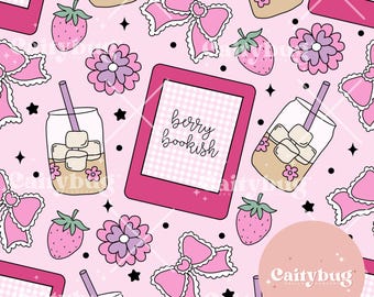 Berry Bookish Seamless Repeating Pattern - Fabric Design For Sublimation - Valentine's Day Trendy Original Art