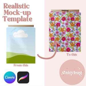 May include: A graphic illustrating a mock-up template transformation. The "before" image is a landscape scene with a blue sky and green hills. The "after" image shows a floral pattern. The text reads "Realistic Mock-up Template", "From this" and "To this".