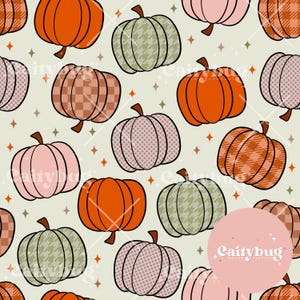 May include: A repeating pattern of pumpkins in various colors and patterns, including orange, pink, and green. Some pumpkins have plaid, houndstooth, or polka dot designs. The background is a light beige with scattered orange star shapes.