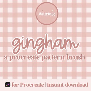 May include: A digital art graphic with a pink gingham pattern background. The text "gingham" is in a cursive font, with the words "a procreate pattern brush" below it. The image also includes the text "for Procreate | instant download".