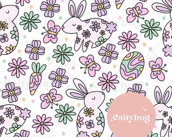 White Floral Bunnies Seamless Repeating Pattern - Fabric Design For Sublimation - Hand Drawn Trendy Original Art
