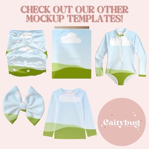 Op de afbeelding: Een collectie baby- en peuterkleding en accessoires met een wolken- en landschapsontwerp. Items zijn onder meer een luier, een shirt met lange mouwen, een badpak, een strik en een mockup-sjabloon. De tekst luidt "CHECK OUT OUR OTHER MOCKUP TEMPLATES!"