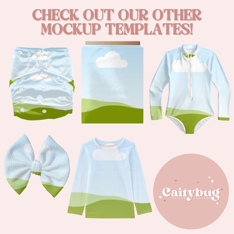 Op de afbeelding: Een collectie baby- en peuterkleding en accessoires met een wolken- en landschapsontwerp. Items zijn onder meer een luier, een shirt met lange mouwen, een badpak, een strik en een mockup-sjabloon. De tekst luidt "CHECK OUT OUR OTHER MOCKUP TEMPLATES!"