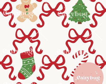 Coquette Christmas Icons white Seamless Pattern 300 DPI PNG Instant Download Digital Papers Vinyl Fabric Surface Design Retro seamless file