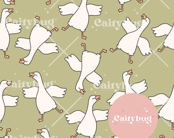 Green Silly Goose Seamless Repeating Pattern - Fabric Design For Sublimation - Hand Drawn Trendy Original Art