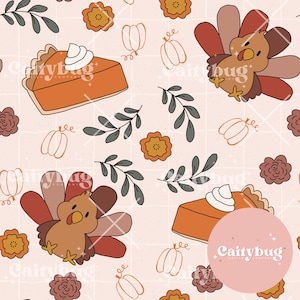 Thanksgiving Turkey And Pumpkin Pie Seamless Repeating Pattern - Retro Fabric Design For Sublimation - Hand Drawn