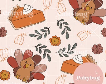 Thanksgiving Turkey And Pumpkin Pie Seamless Repeating Pattern - Retro Fabric Design For Sublimation - Hand Drawn