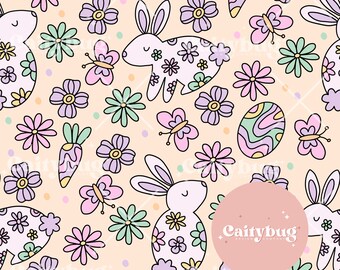 Floral Bunnies Seamless Repeating Pattern - Fabric Design For Sublimation - Hand Drawn Trendy Original Art