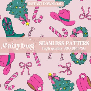 Pink Cowboy Christmas Seamless Pattern 300 DPI PNG Instant Download Digital Papers Vinyl Fabric Surface Design Winter Christmas File