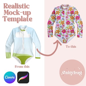 May include: A mock-up template showing a long-sleeved swimsuit design. The left side displays a light blue and green swimsuit with a cloud design. The right side shows a floral patterned swimsuit. Text reads "Realistic Mock-up Template".