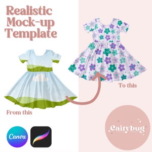 Op de afbeelding: Een mock-up template met een jurk ontwerp transformatie. Links een jurk met landschapsontwerp, rechts een jurk met bloemenpatroon. De tekst "Realistic Mock-up Template" staat bovenaan. Canva- en Procreate-logo's onderaan. Caitybug-logo rechtsonder.