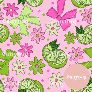 Limes Bow Summer Seamless Pattern 300 DPI PNG Instant Download Digital Papers Vinyl Fabric Surface Design daisy lime green pink Pattern File