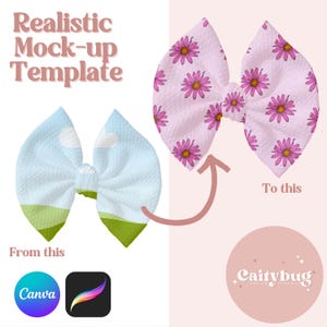 May include: Image showing two fabric hair bows. One bow features a landscape design with blue sky, white clouds, and green hills. The other bow has a pink background with a pattern of pink flowers. Text reads "Realistic Mock-up Template".