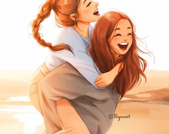 Besties - Art Print - Best Friends - Cute Girls - Golden Sunset - Fun Moment - Friendship - Happiness - Peijin