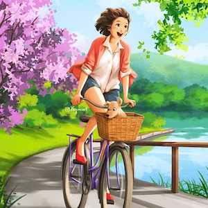 Summer Breeze - Art Print - Nature Lover - Landscape Drawing - Bike Tour - Dog Art - Cute Puppy - Peijin