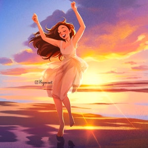 Sunset Dance - Art Print - Sunset By The Sea - Color of Dawn - Freedom - Free Spirit - Dancing Girl - Peijin