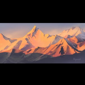 May include: A landscape painting depicting a mountain range at sunset. The mountain peaks are lit with warm orange and yellow tones, contrasting with the cooler colours of the sky and shadows. A silhouetted figure stands in the foreground.
