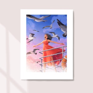 Deja que sople el viento, Lámina artística, Arte motivador, Gaviotas, Vestido rojo, Valentía, En el mar, Peijin