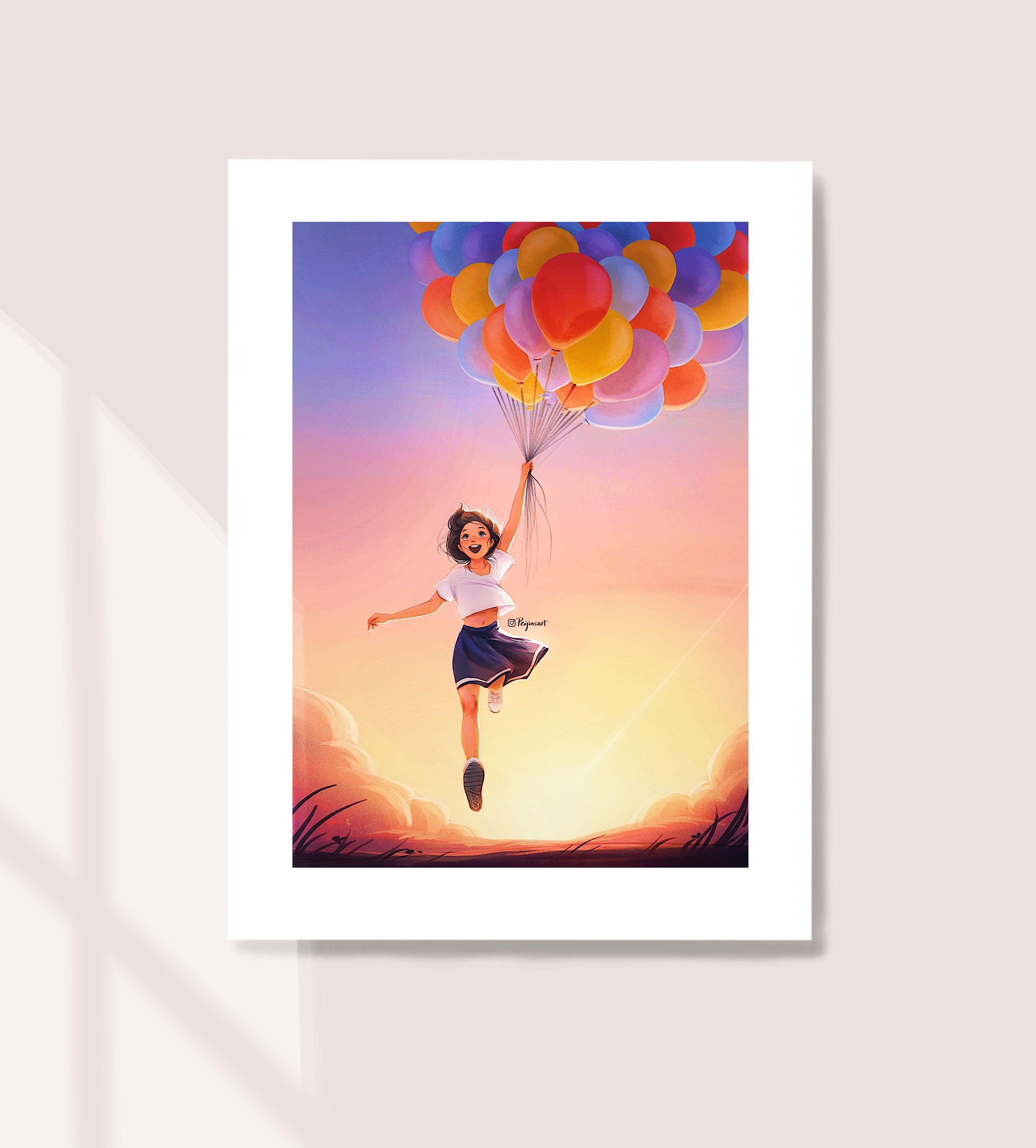 Forward - Art Print - Motivative Art - Cute Girl Drawing - Beautiful Sunset  - Ballons - Inspiring Art - Peijin