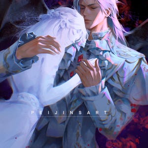 May include: Digital illustration of two figures embracing. One figure has long white hair and is wearing a blue and silver outfit with red accents. The other figure is also white-haired and wearing a white dress. The text "PEIJINSART" is visible.