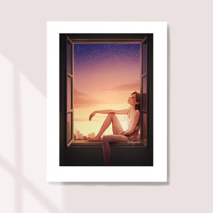 Anochecer - Art Print - Hermosa puesta de sol - Arte relajante - Vista nocturna - Cielo estrellado - Serenidad - Peijin